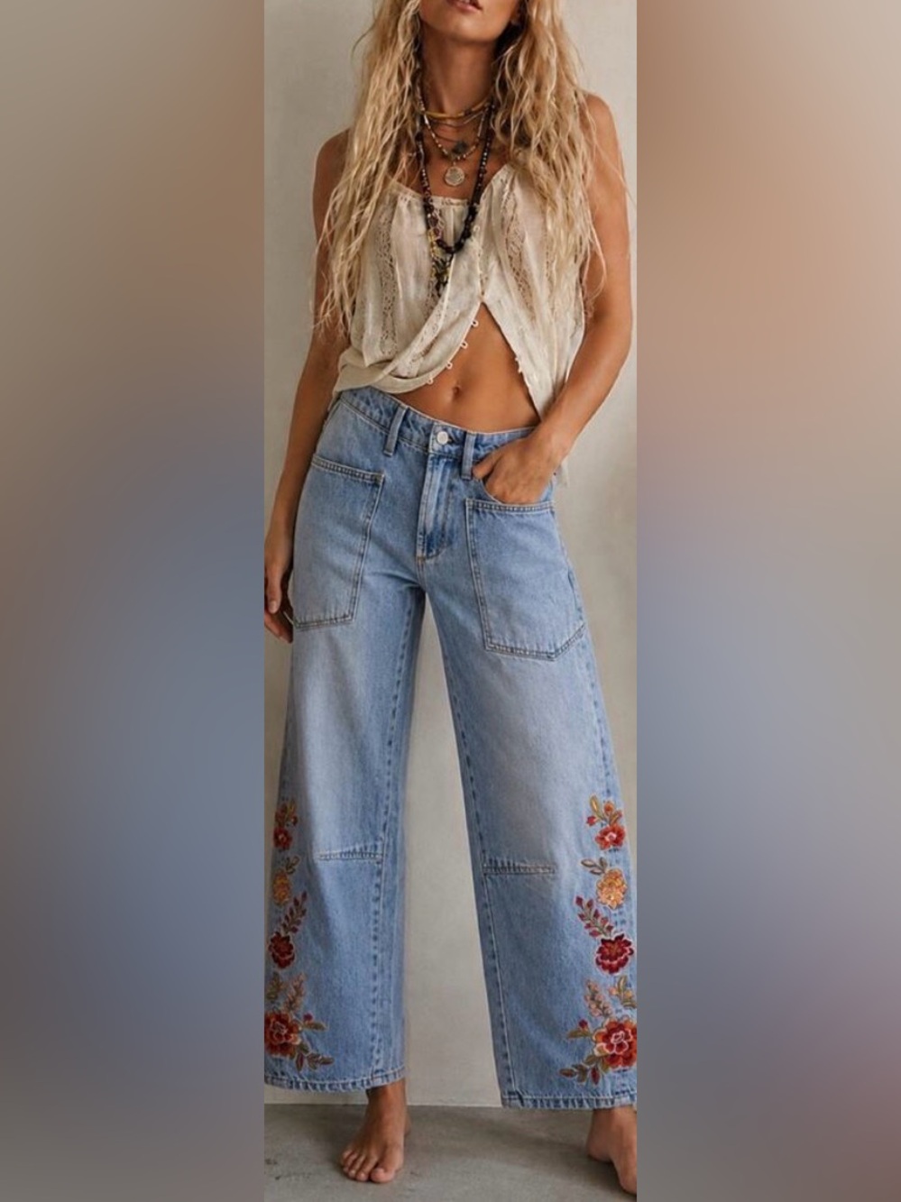 DRIFTWOOD Light Blue Barrel Leg Jeans w/ Floral Embroidery